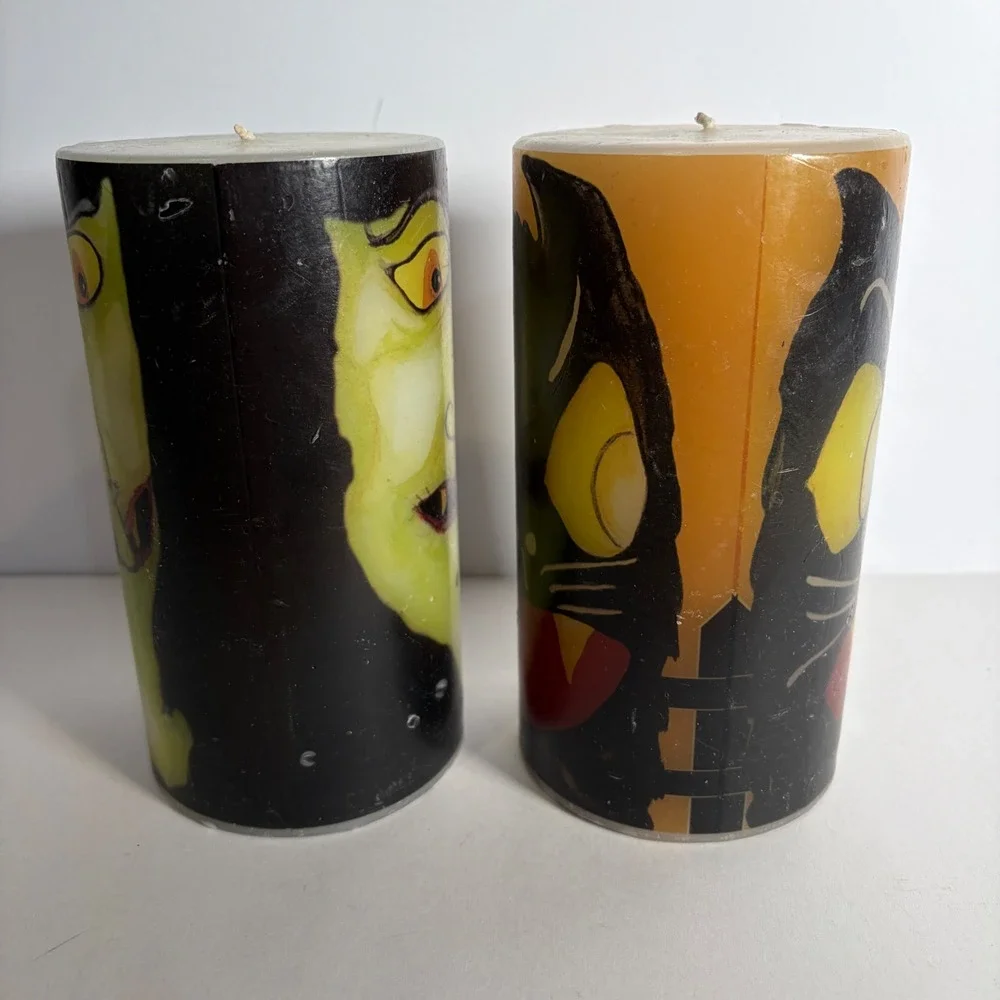 VTG Style Halloween Pillar Candles Set Green Witch Black Cat Fangs 6in Decor